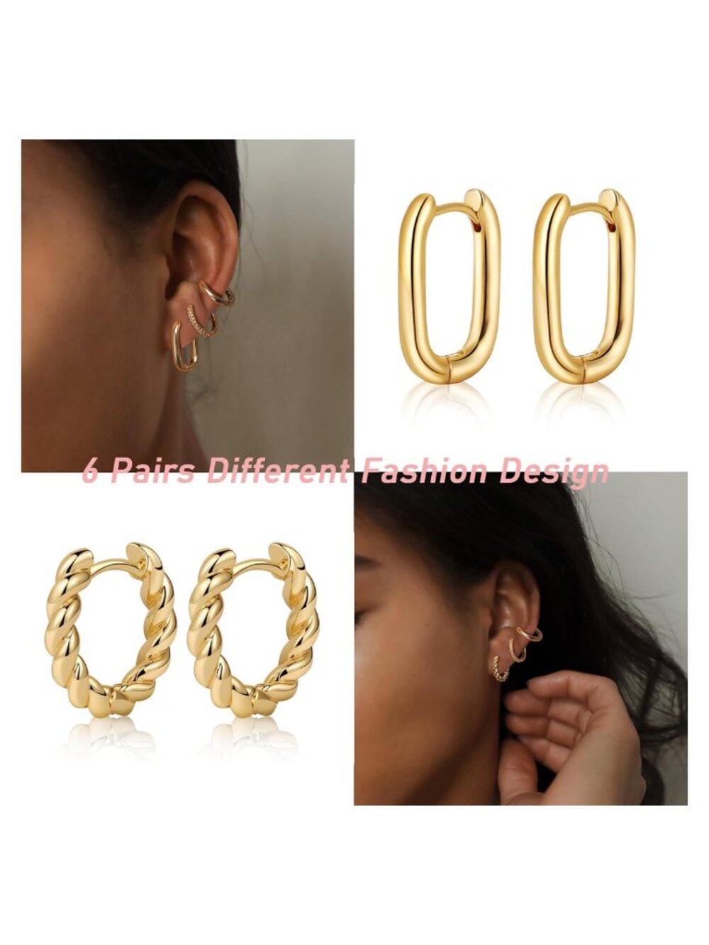 14K Gold Plated Chunky Hoop Earrings Set Huggie Hypoallergenic - Picture 4 of 5